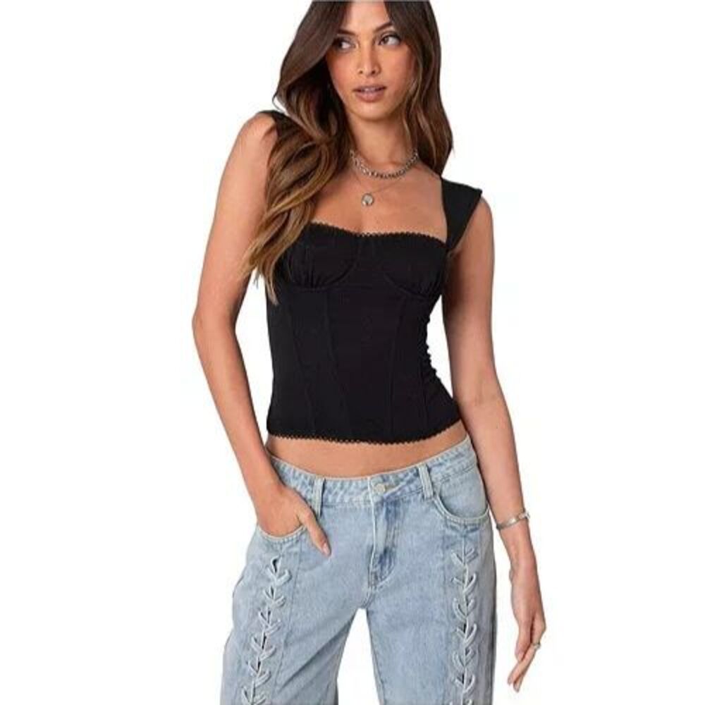 NEW Black EDIKTED Marcella Wide Strap Mesh Corset Top Tank XS NWT $74 SWEETHEART